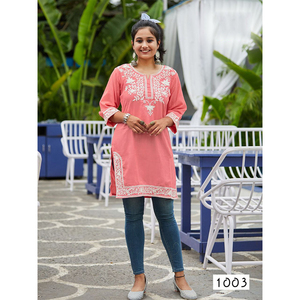 Indiase Kurti voor dames met palazzo | Rayon geborduurde kurta partywear kurtis jurk voor dames tops tuniek, Donkerblauw, M