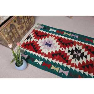 Alfombra Kilim Vintage de 3.1x6.3 pies (95x191 cm), Alfombra Turca con motivos de plantas y árboles rojos - Product Image 5
