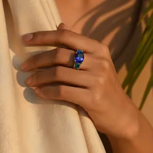 925 Silver Women's Romantic Fashionable Oval <b>Opal</b> Inlay <b>Ring</b> 18K Gold Plated Jewelry with <b>Blue</b> Gemstone Number Shape - Product Image 3