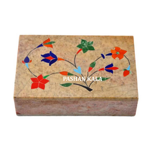 Boîte de rangement pour bijoux en pierre de savon naturelle indienne, avec incrustations florales, pour cadeau de mariage et cadeau d'affaires - Product Image 1