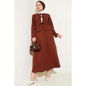 เสื้อแจ็คเก็ตและกระโปรงแบบผูกด้านหน้าชุด2ชิ้นสีน้ำตาล - Product Image 1