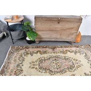 Tapis turc vintage beige marron 3.7x7 pieds fait à la main classique grande surface rectangle laine latex support patchwork pour chambre d'ado - Product Image 2