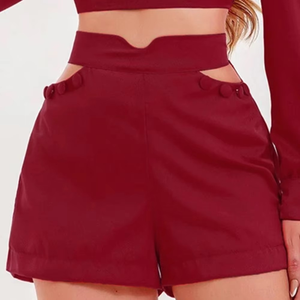 Conjunto de 2 piezas de Top y pantalones cortos de alta calidad con detalle de corte rojo personalizado para mujer, conjunto de pantalones cortos informales de cintura alta de Color sólido para mujer, conjunto de manga larga - Product Image 3