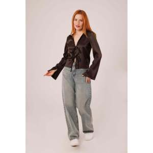 Lustrin Women's Wholesale <b>Brown</b> Satin Blouse with Elegant Front <b>Tie</b> Detail - Stylish Long Sleeve Polyester Top for Casual or - Product Image 2