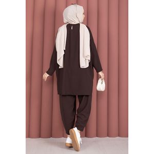 Ensemble décontracté d'été 2 pièces avec détails Armor, en denim couleur café, comprenant un haut ample et un pantalon large, taille XS, motif uni, ensemble court - Product Image 6