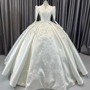 Robe de mariée Jancember CM57 en satin royal, robe de mariée à fleurs 3D, col haut, robe de bal, Vestido De Novia, manches longues, cathédrale, soirée - Product Image 5