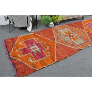 Tapis Kilim Turc Vintage Orange Rose 3.3 X 11.1ft Classique Tissage Plat Tressé Patchwork Motif Laine Matériel Latex pour Couloir - Product Image 1