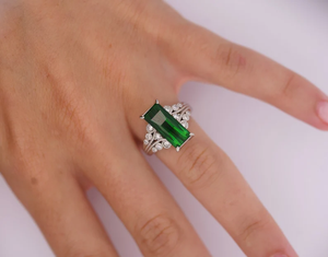 Anillo de filigrana Vintage de turmalina y diamantes de indicolita de platino, anillo Vintage de turmalina verde alargado para mujer - Product Image 4