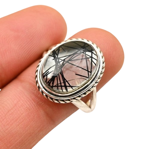 Classical Ring Jewelry for Women Silver Boho Style Jewelry 925 Sterling Silver Black Rutile Gemstone Handmade Ring Gift for <b>Wife</b> - Product Image 1