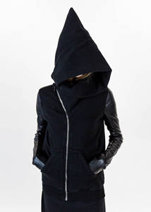 เสื้อมีฮู้ดฮิปฮอปหนังปะต่อสีดำแขนหนังฤดูหนาว - Product Image 3