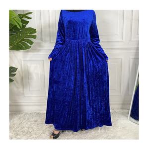 Autumn Winter Pleated Velvet Modest Muslim Dress Islamic Clothing Dubai Turkish Elegant Outfits Causal Abaya Kaftan Solid Color - Product Image 3