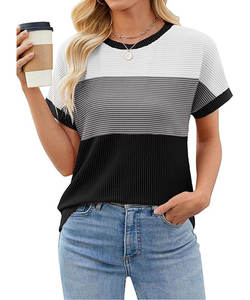 T-shirts en jersey anti-boulochage écologiques pour femmes respirant bloc de couleur broderie à rayures à manches courtes hauts à col rond pour le printemps - Product Image 5