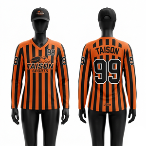 เสื้อกรรมการฮอกกี้น้ำแข็งหญิง ผ้าโพลีเอสเตอร์พรีเมียม 180 GSM ระบายอากาศได้ดี สีส้มดำลายทาง ดีไซน์แบบแผง  รับสกรีนโลโก้ตามสั่ง - Product Image 1