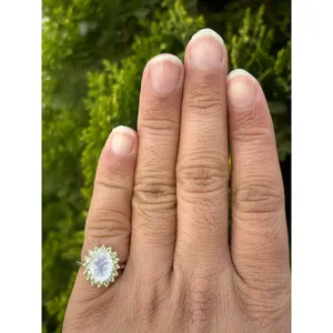 925 Platinum Oval Cut Natural Stone Gemstone <b>Ring</b> with Moonstone Peridot for Engagement Geometric Geometry Design IGI Certified - Product Image 4