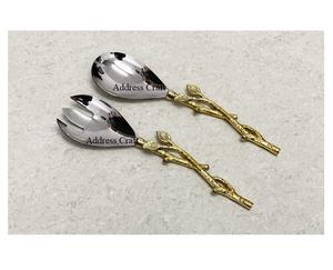 Ensemble de serveurs à salade en acier inoxydable avec poignée en laiton Design unique de feuille de branche Outils de cuisine Mains à salade pour la maison Hôtel Vaisselle Décor - Product Image 2