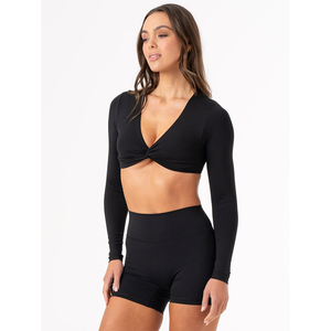 Latest Custom <b>Black</b> Women's Knot <b>Long</b> <b>Sleeves</b> <b>Crop</b> Tops Stretchy Super Soft & Breathable Workout Fitness <b>Crop</b> Top Tees for Women - Product Image 3