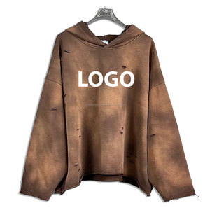 Men's Winter Custom Streetwear Distressed Zipper-Up Oversized Hoodie <b>Rhinestone</b> Screen Print Heavyweight French Terry <b>Fabric</b> - Product Image 5