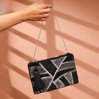 Fabriqué à la main de luxe élégant noir argent verre perlé coton pochette sac à la mode pour femmes filles cadeaux articles en gros HB-062