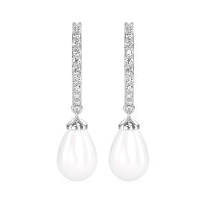 NOVAMART Fine 925 Sterling Silver Classic Pearl <b>Drop</b> Earrings Rhodium Plated with for Swiss Zirconia Screw <b>Back</b> Gift Women Girls - Product Image 1