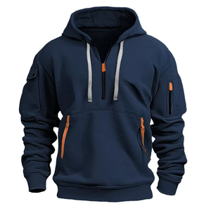 Sudadera con capucha deportiva informal de lana sólida para hombre con cremallera de cuarto y múltiples bolsillos para deportes de invierno - Product Image 4