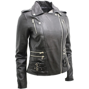 Veste de moto en cuir noir pour femmes Slim Fit Asymmetric Zipper Classic Moto Biker Style Outerwear Real Leather Coat - Product Image 2