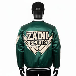 Chaqueta Bomber de Satén de Alta Calidad, Tela Suave y Brillante en Verde con Paneles de Parches Delanteros y Logotipo Personalizado Completo, Chaqueta de Satén para Hombre - Product Image 5