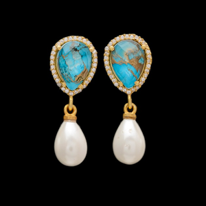 Nouvel arrivage de boucles d'oreilles en argent Sterling 925 en forme de poire avec double Turquoise et perles - Product Image 1