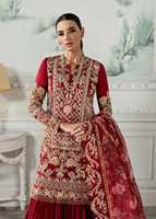 Robe de mariée rouge brodée style lehenga avec traîne, col en V, manches longues, coupe trapèze, longueur ras du sol pour la mariée