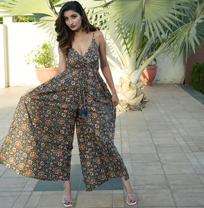 คอลเลกชันวินเทจโบฮีเมียนสำหรับผู้หญิงชุดจั๊มสูทผ้าไหมส่าหรีอินเดียพิมพ์ลาย - Product Image 3