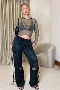 Pantalones Cargo de nailon de algodón 100% de alta calidad para mujer, Color negro liso, con abertura en la rodilla, verano liso de alta calidad - Product Image 4