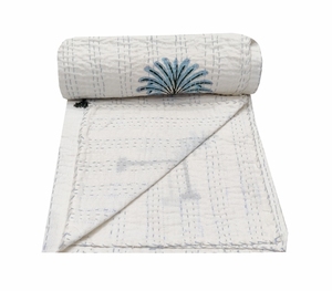 100% Tinh Khiết Bông Tay Khối In <span class=keywords><strong>Kantha</strong></span> Quilt Cây Cọ Trắng Thiết Kế Giường Bìa <span class=keywords><strong>Handmade</strong></span> Đồng Bằng Ném Cho Trang Trí Nội Thất Du Lịch Sử Dụng - Product Image 3