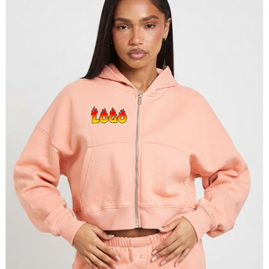Sudadera con capucha corta de algodón rosa para mujer, con logo personalizado, hombros caídos y corte holgado, de fabricante OEM, gran oferta - Product Image 1