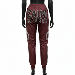 Pantalones Cortavientos para Mujer, Ligeros, de Tela de Poliéster Tejida, Diseño de Paneles Color Granate Sólido, Logotipo Personalizado con Pedrería - Product Image 2