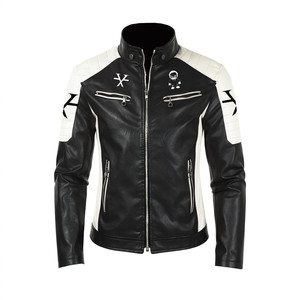 Giacca in pelle Slim Fit T6X con colletto rialzato nero e bianco - Product Image 2