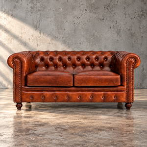 Canapé Chesterfield 2 places en cuir véritable marron, capitonné, avec accoudoirs roulés, mobilier traditionnel pour salon, style européen et américain - Product Image 2