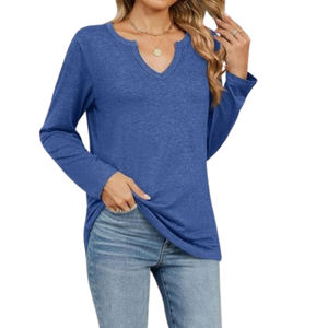 Camiseta de Manga Larga con Cuello en V Informal de Talla Grande para Mujer, de Alta Calidad al por Mayor, 100% Algodón, Tejido de Punto, Transpirable, de Secado Rápido, Bordada - Product Image 2