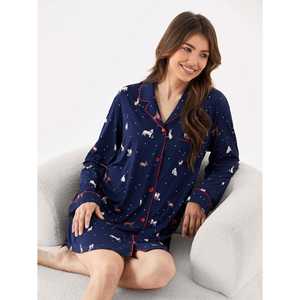 Custom Premium Casual Bamboo Notch-collar <b>Nightdress</b> with Contrast Trim Soft Woven Fabric for Autumn Season - Product Image 3