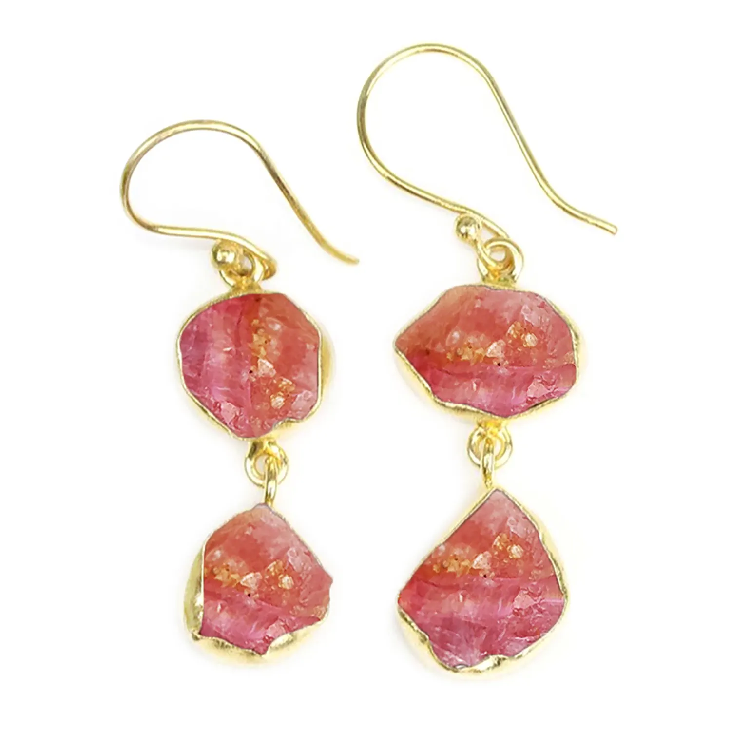 Sterling Silver Rough Pink Tourmaline Gemstone Multi Collet Drop and Dangle Earring Fine Gold Vermeil Beach Jewelry Earrings