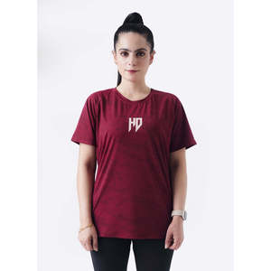 T-shirt décontracté pour femme en jersey respirant à séchage rapide, coupe ajustée, col montant, manches régulières, motif camouflage bordeaux de qualité supérieure, Printemps/Été - Product Image 1