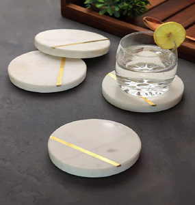 Clean <b>white</b> marble <b>coasters</b> in a fluted brass holder. Sophisticated style available at wholesale prices. - Product Image 2