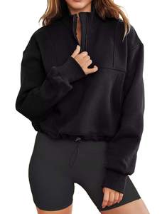 Women Hooded Quarter Zip Sweatshirt <b>Patchwork</b> Long Sleeve Soft Fleece Pullover Casual <b>Top</b> Comfy Everyday Wear Custom logo Front - Product Image 3