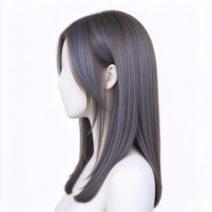 Perruque en cheveux humains lisses, marron avec reflets bleu cendré, coupe droite à la clavicule, avec frange rideau - Product Image 3