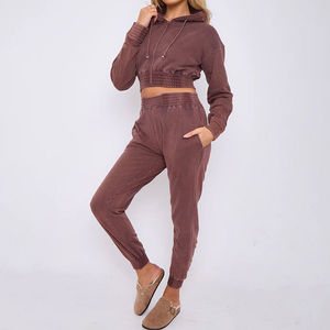 Ensemble de jogging délavé à l'acide de qualité supérieure pour femme, survêtement personnalisé avec broderie de patchs, sweat à capuche court zippé, collection hiver - Product Image 1