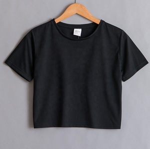 2023 prix de gros couleur unie à manches courtes haut court t-shirts pour femmes Streetwear coupe ajustée à manches courtes t-shirts courts - Product Image 3