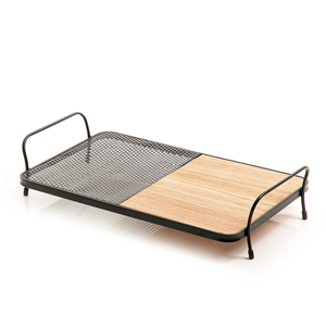 Plat de plateau de service de nourriture de rectangle de couleur noire et brune pour la maison nouveau plateau de service en métal et en bois de concepteur avec la poignée et les retards - Product Image 2