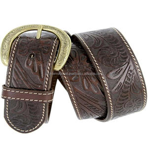 Men's Hand Carved Floral Engraved Western Leather Tooling <b>Belt</b> for <b>Jeans</b> & Pants Stylish Floral Engraved Western Style Buckle - Product Image 1