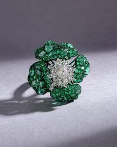 Luxury Floral Emerald and Diamond <b>Statement</b> <b>Ring</b> in White Gold - Product Image 1