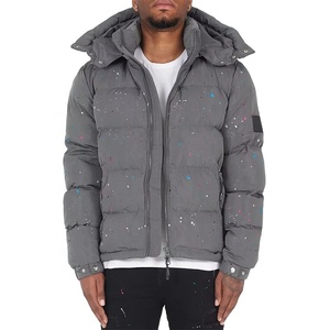 Manteau de peinture gris pour hommes, col montant, impression personnalisée, parka rembourrée avec logo pour l'extérieur, veste d'hiver bouffante à capuche en nylon de haute qualité - Product Image 1