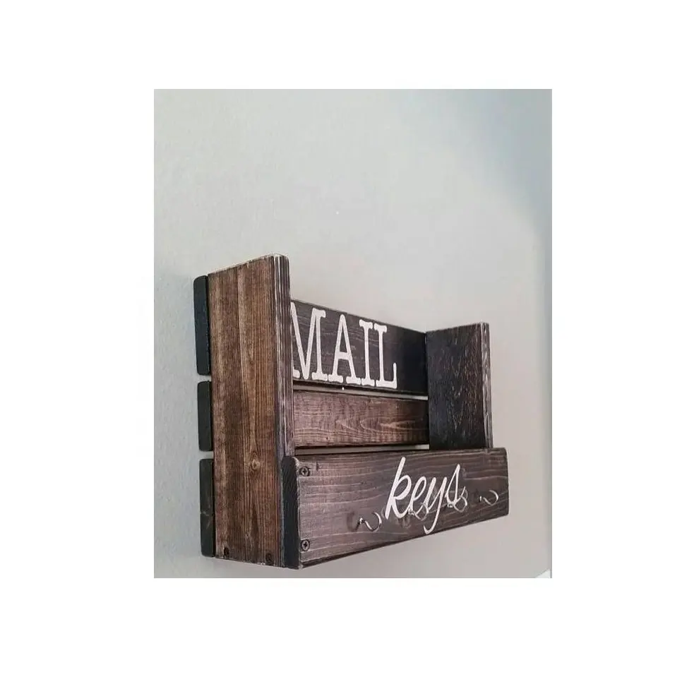 hot sale natural brown wall hanging mail folder wooden mail sorting rack Key Holder with 4 unique hooks For Wall