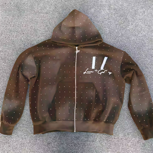Sudadera con capucha y cremallera con estampado de parches bordados lavados con ácido y desteñidos de 100% algodón con logotipo personalizado, ropa de calle con diamantes de imitación - Product Image 3